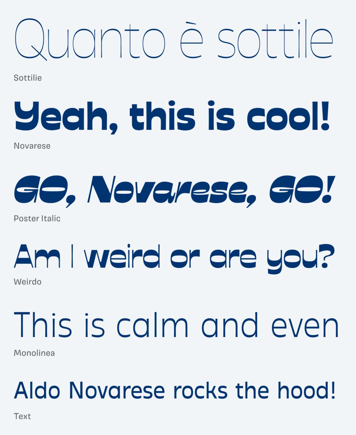 Quanto è sottile set in Sottilie. Yeah, this is cool! set in Novarese. GO, Novarese, GO! set in Poster Italic. Am I weird or are you? set in Weirdo. This is calm and even set in Monolinea. Aldo Novarese rocks the hood! Set in Text.