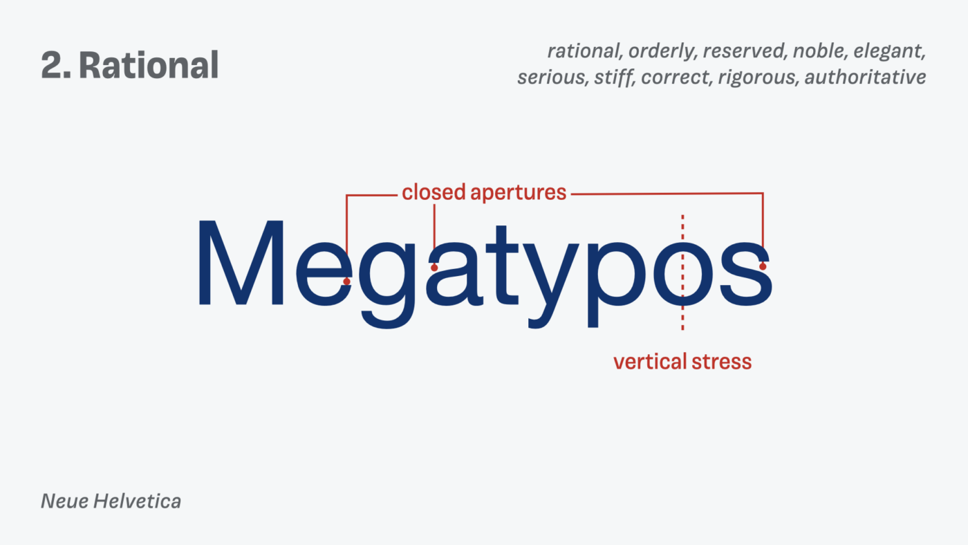 Rational form model set in Helvetica Neue with closed apertures. It seems rational, orderly, reserved, noble, elegant, serious, stiff, correct, rigorous, authoritative