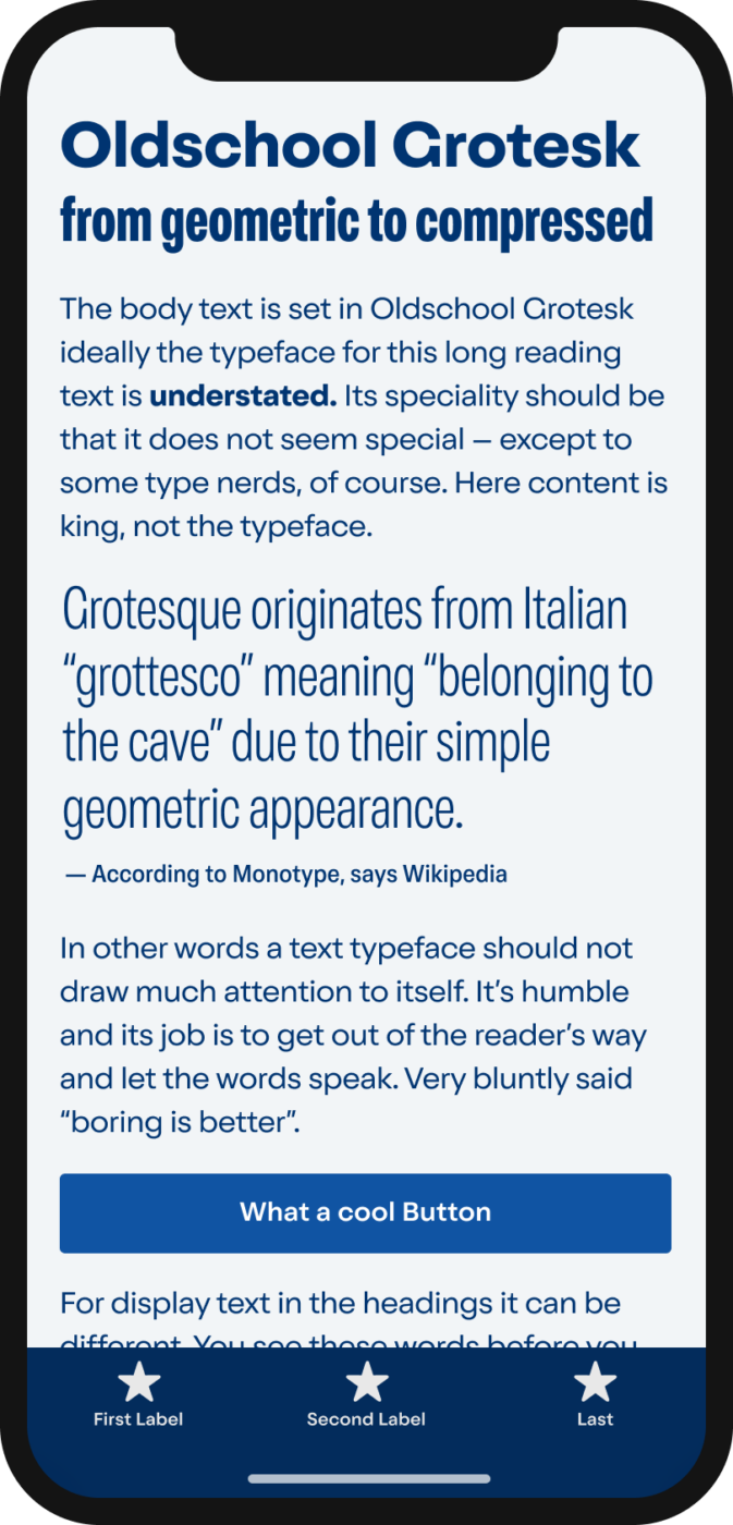 The geometric and grotesque sans-serif typeface Oldschool Grotesk on a mobile phone set in the heading, body text, pull quote and navigation.