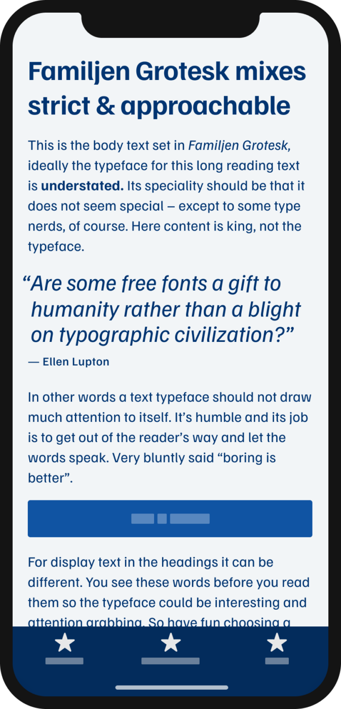 The sans-serif typeface Familjen Grotesk on a mobile phone set in the heading, body text, pull quote and navigation. The quote by Ellen Lupton says: “Are some free fonts a gift to humanity rather than a blight on typographic civilization?”