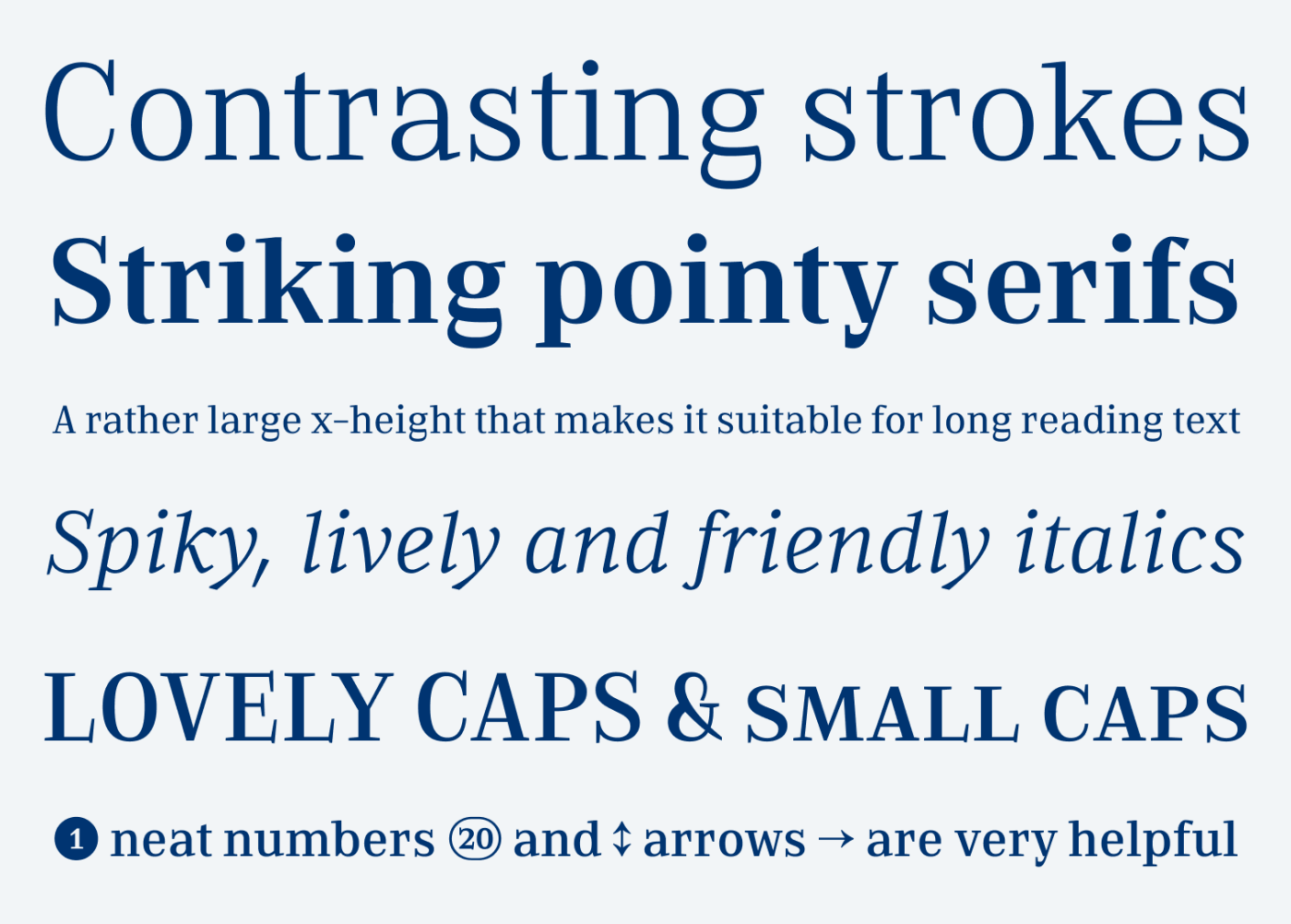 Contrasting strokes Striking pointy serifs A rather large x-height that makes it suitable for long reading text Spiky, lively and friendly italics LOVELY CAPS & SMALL CAPS neat numbers @ and & arrows are very helpful