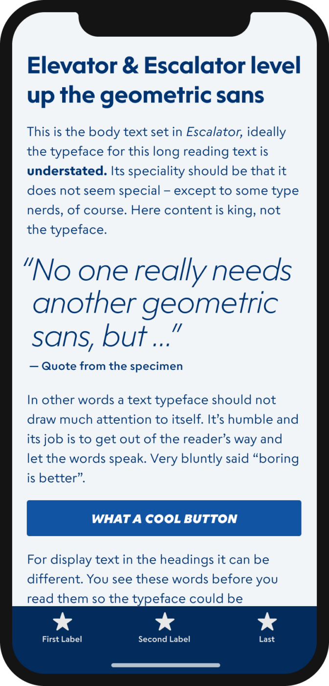 “Elevator & Escalator level up the Geometric Sans“ written in the headline of a mobile phone in the geometric sans Elevator. The body text is set in the softer geometric sans Escalator, while a quote is set in a light italic style of Escalator, that says: “No one really needs another geometric sans, but …“