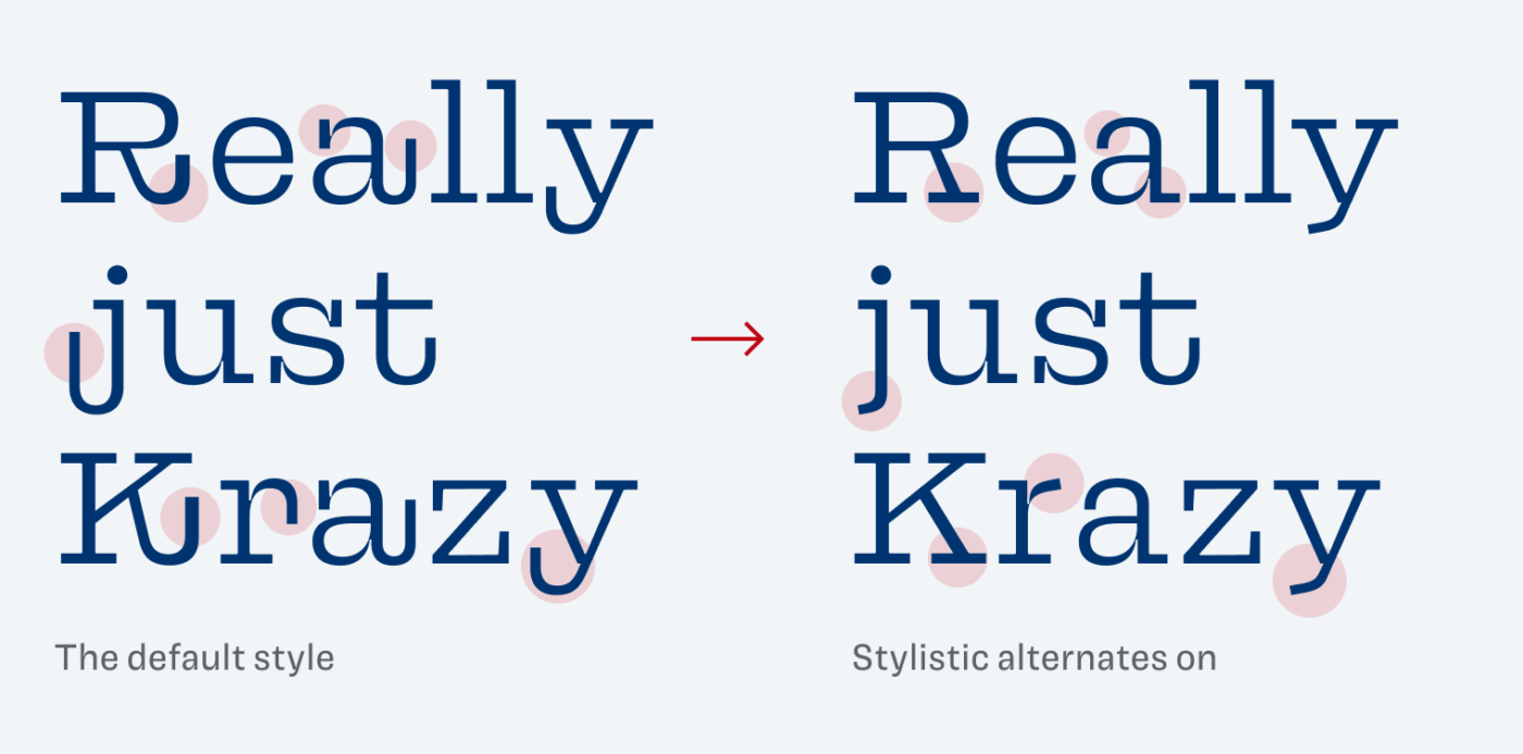 Comparing various details with and without stylistic alternates