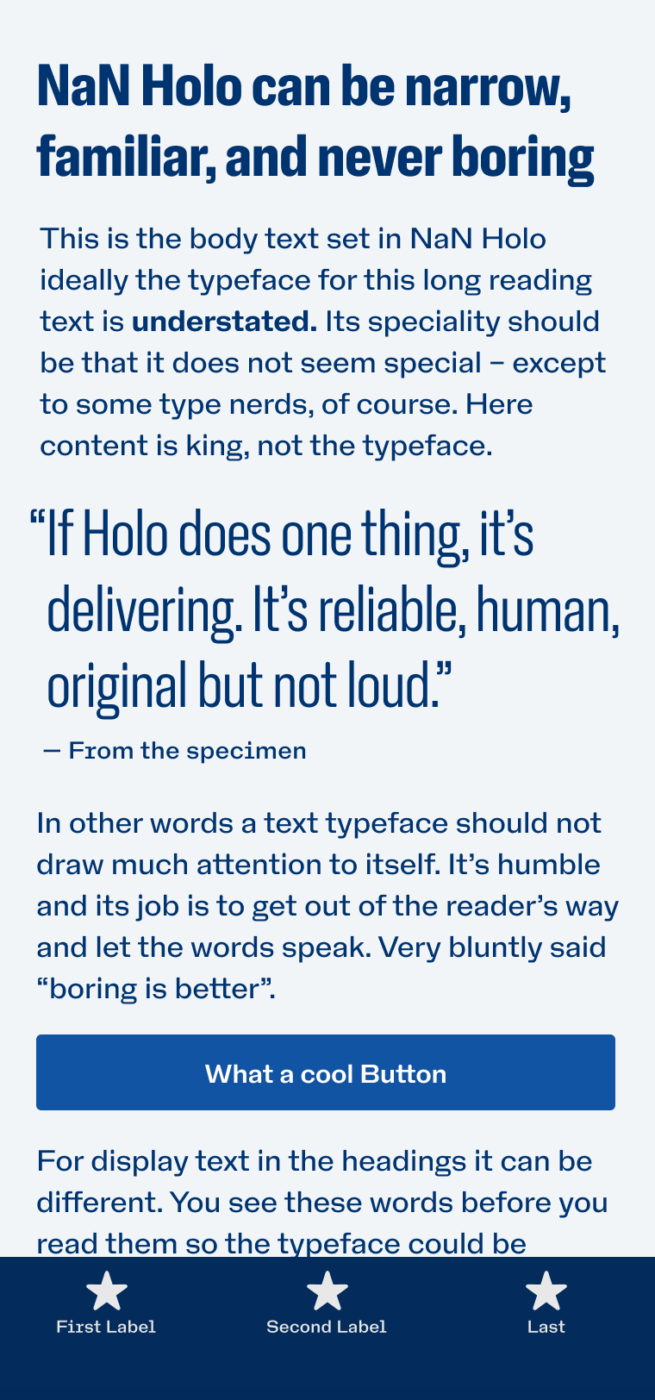The narrow Neo-Grotesk sans-serif typeface NaN Holo shown on a mobile Phone in the Heading, copy, and a pull quote taken from the typeface’s specimen that reads: “If Holo does one thing, it’s delivering. It’s reliable, human, original but not loud.“