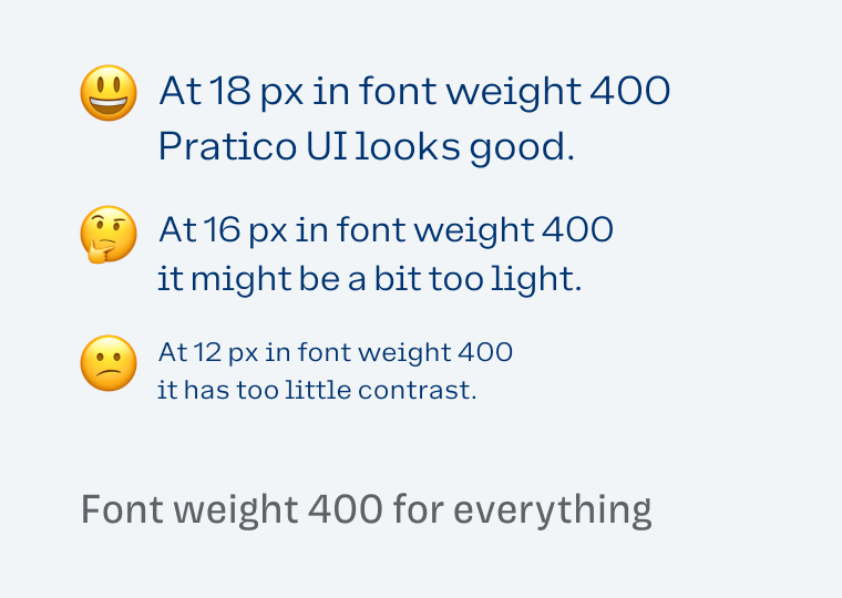 Font weight 400 for everything: At 18 px in font weight 400 Pratico UI looks good. At 16 px in font weight 400 it might be a bit too light. At 12 px in font weight 400 
it has too little contrast.