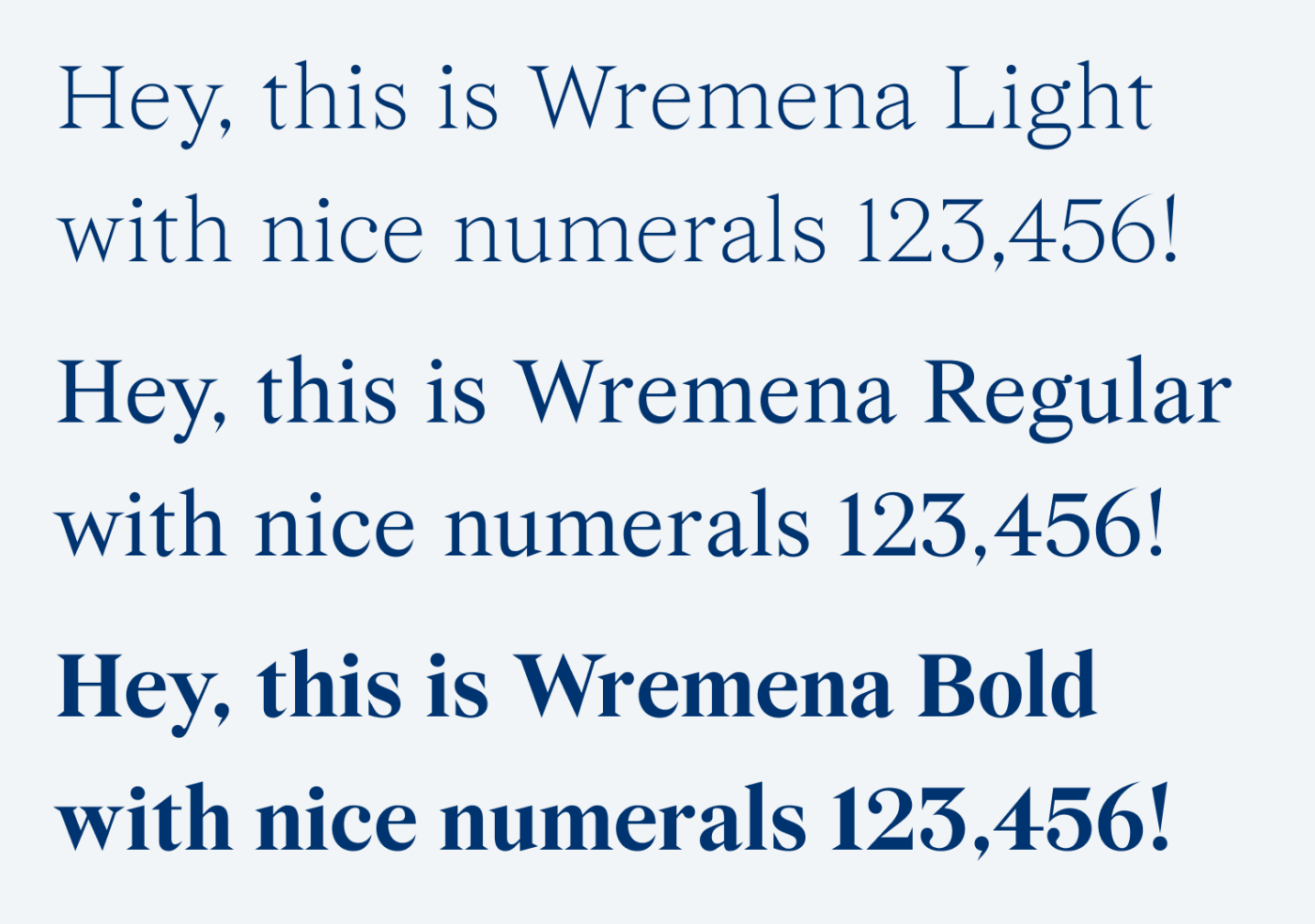 The serif typeface Wremena in the weights Light, Regular, and Bold