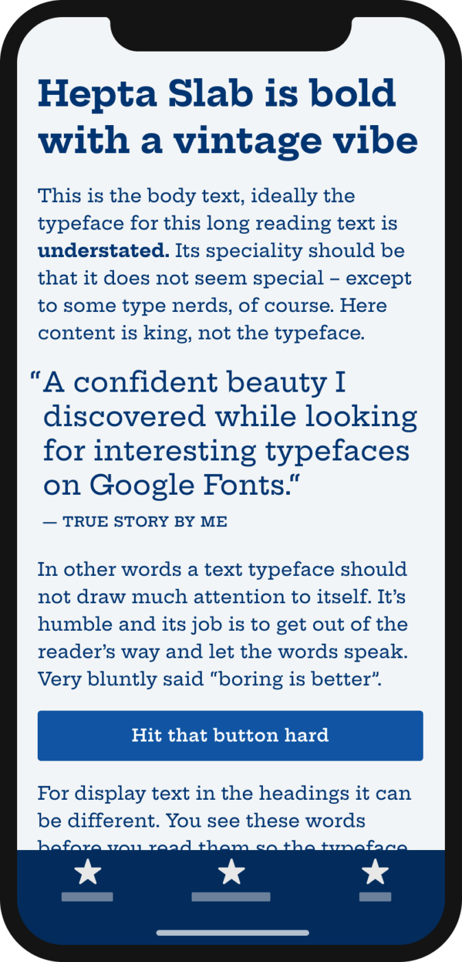 The slab serif typeface Hepta Slab on a mobile phone. The headline says: “Hepta Slab is bold with a vintage vibe”. A Pull quote says: “A confident beauty I discovered while looking for interesting typefaces on Google Fonts.”