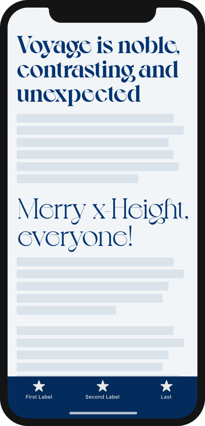 The organic display typeface Voyage on a mobile phone. The title says “Voyage is noble, contrasting and unexpected“. Merry x-Height, everyone!