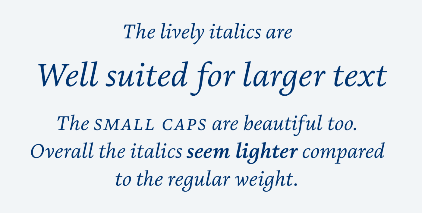 The lively italics are
Well suited for larger text
The sMalL CaPS are beautiful too.
Overall the italics seem lighter compared to the regular weight.