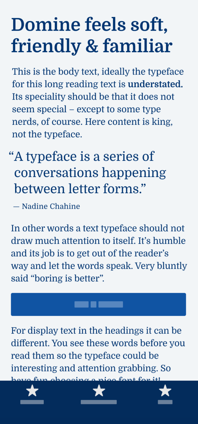 Domine feels soft, friendly & familiar – The serif typeface Domine set in the heading, body text and pull quote. The quote by Nadine Chahine says: “A typeface is a series of conversations happening between letter forms.”