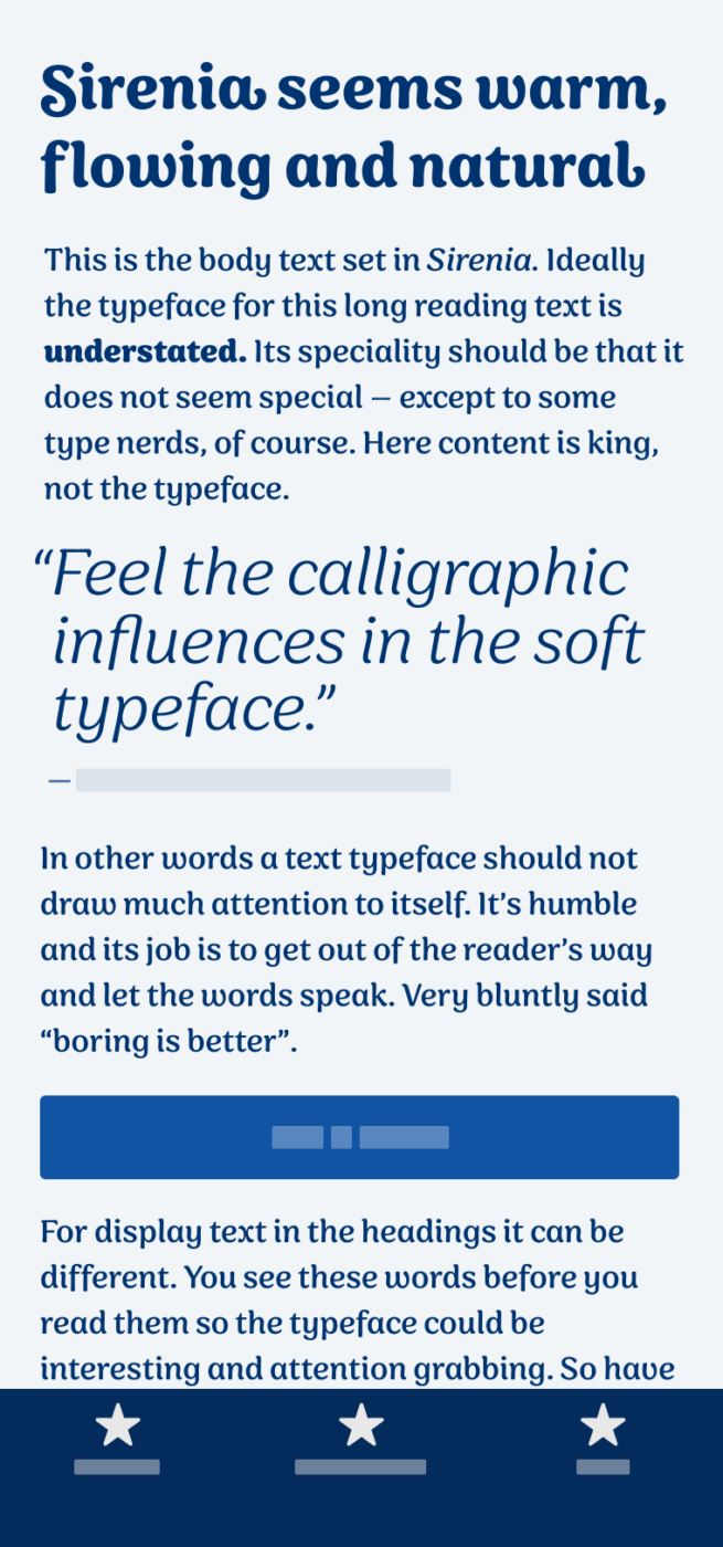 Sirenia seems warm, flowing and natural. The soft organic typeface Sirenia set on a mobile phone in the heading, body text and a pullquote. The quote says: “Feel the calligraphic influences in this soft tupeface.”