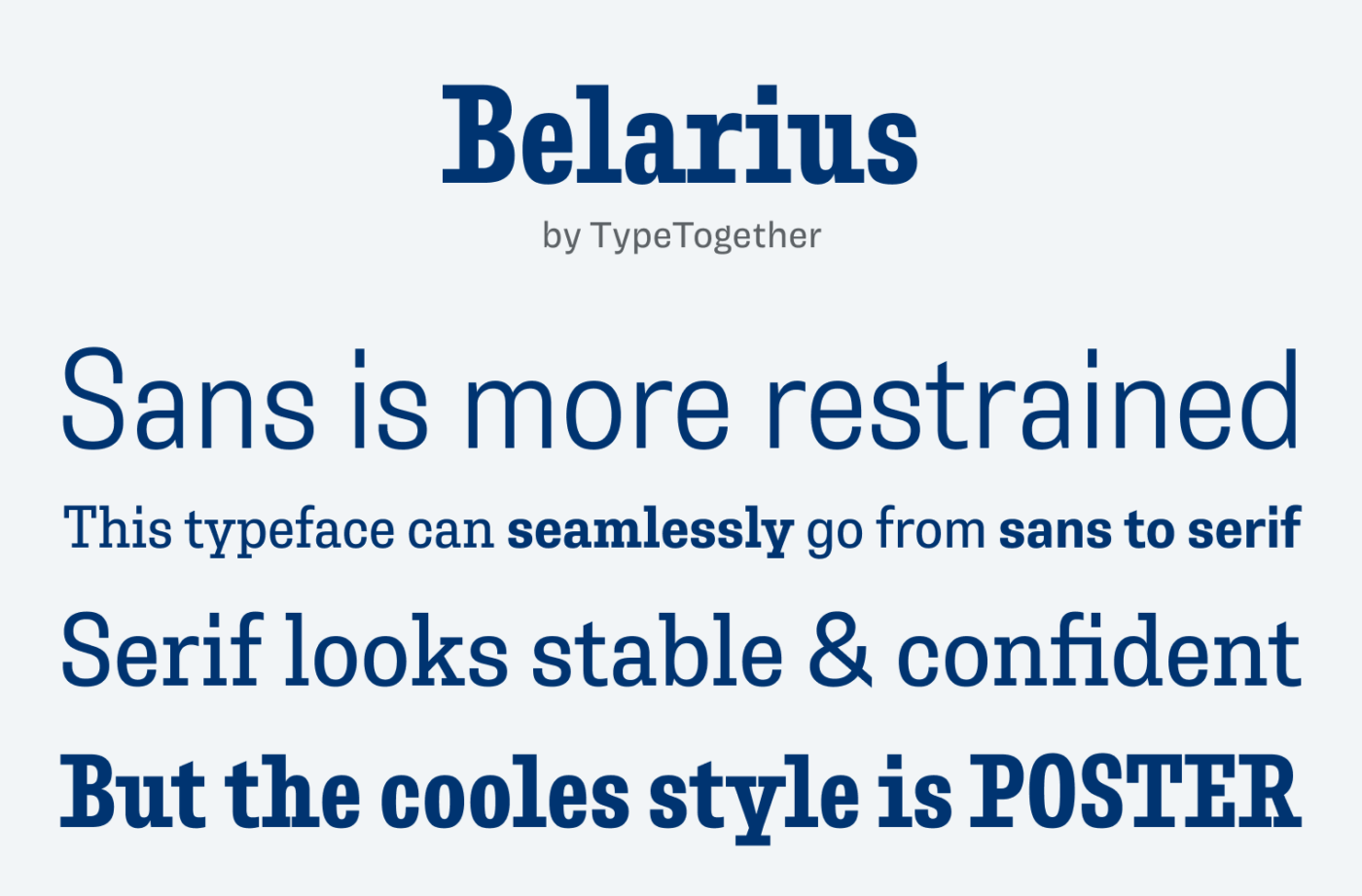 Belarius
by TypeTogether
Sans is more restrained
This typeface can seamlessly go from sans to serif Serif looks stable & confident
But the cooles style is POSTER