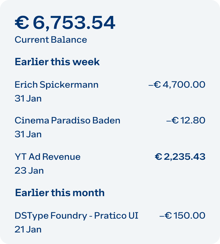 The current balance, the subheadings and the income are bolder. The rest of the entry lines have the same typographic style.