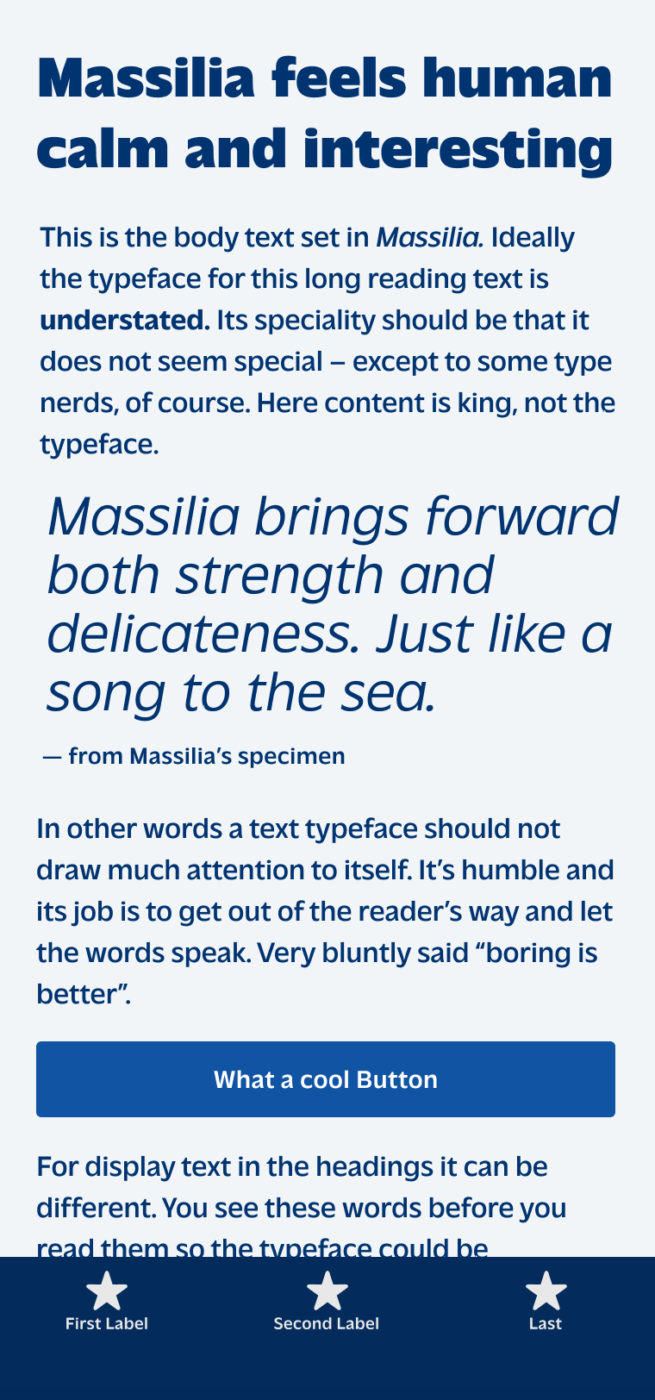 Massilia feels human calm and interesting. The sans-serif typeface Massilia on a mobile phone set in black in the heading, in the body text and in light oblique in a pull quote which says: “Massilia brings forward both strength and delicateness. Just like a song to the sea.”