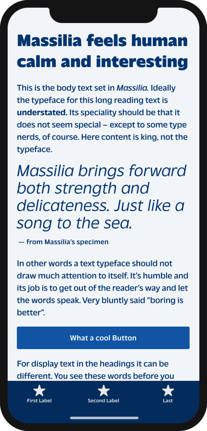 Massilia feels human calm and interesting. The sans-serif typeface Massilia on a mobile phone set in black in the heading, in the body text and in light oblique in a pull quote which says: 
“Massilia brings forward both strength and delicateness. Just like a song to the sea.”