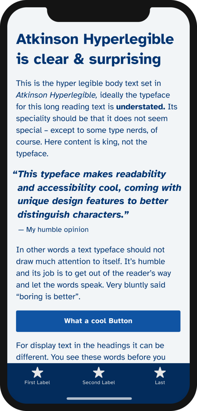 Atkinson Hyperlegible is clear & surprising. The typeface Atkinson Hypelegible set on a mobile phone in the heading, body text and a pull quote. The quote says: “This typeface makes readability and accessibility cool, coming with unique design features to better distinguish characters.”
