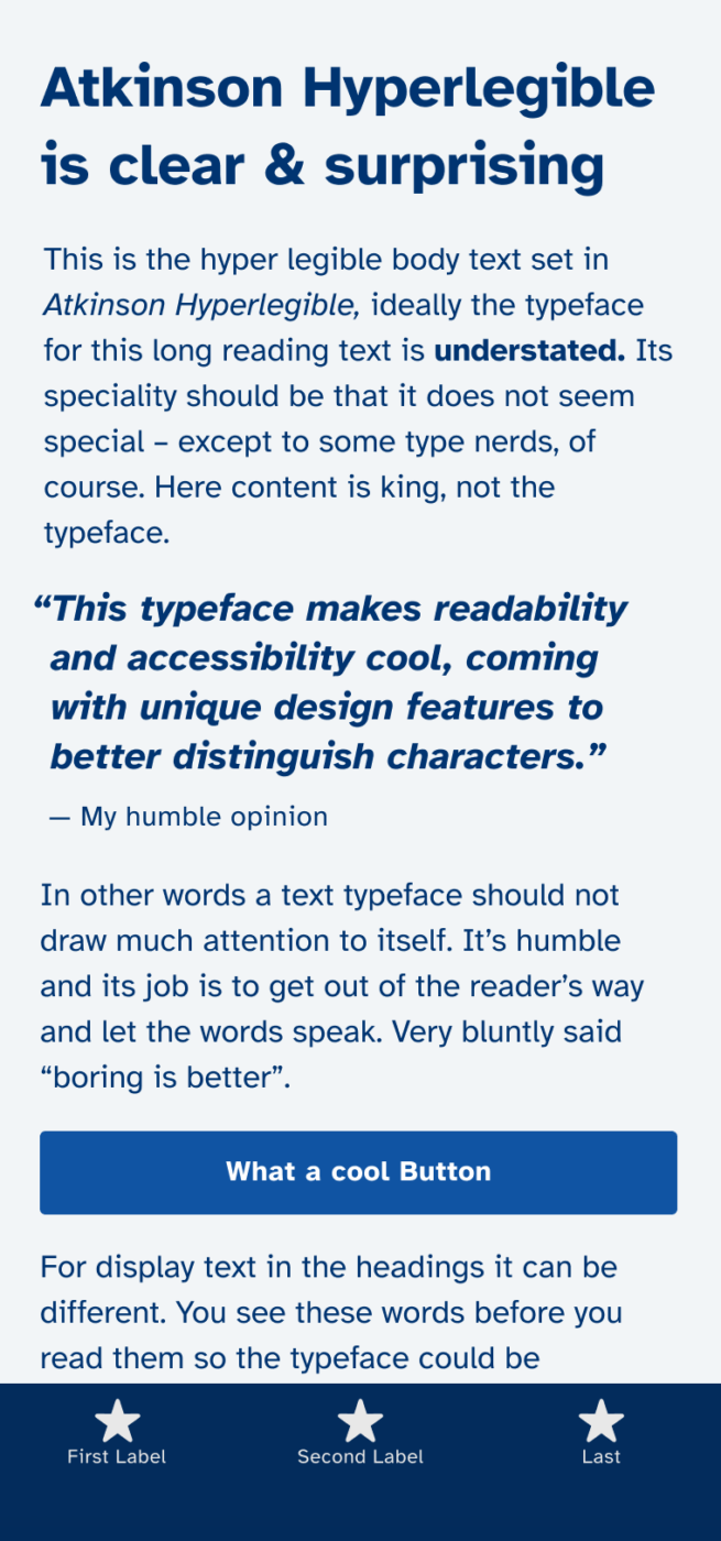 Atkinson Hyperlegible is clear & surprising. The typeface Atkinson Hypelegible set on a mobile phone in the heading, body text and a pull quote. The quote says: “This typeface makes readability and accessibility cool, coming with unique design features to better distinguish characters.”