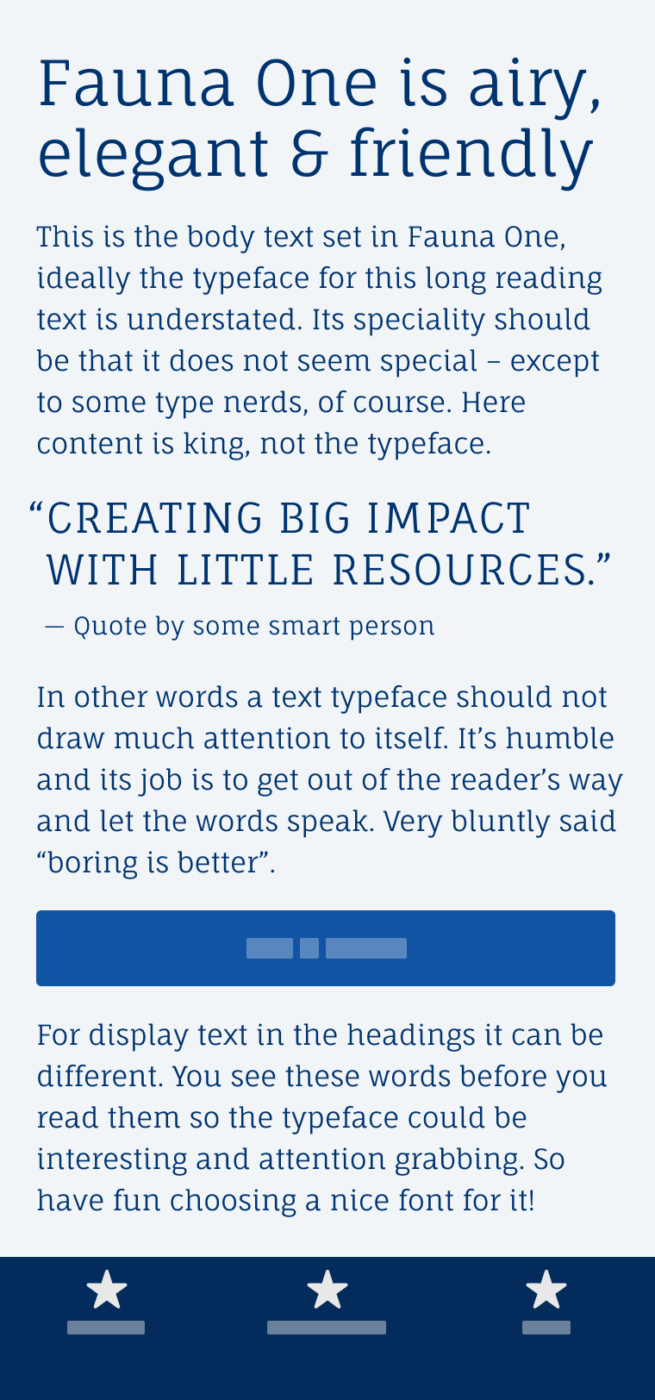 Fauna One is airy, elegant & friendly. The free font Fauna one in the headline and copy set on a mobile phone. A pull quote set in all caps says: “Creating big impact with little resources.”