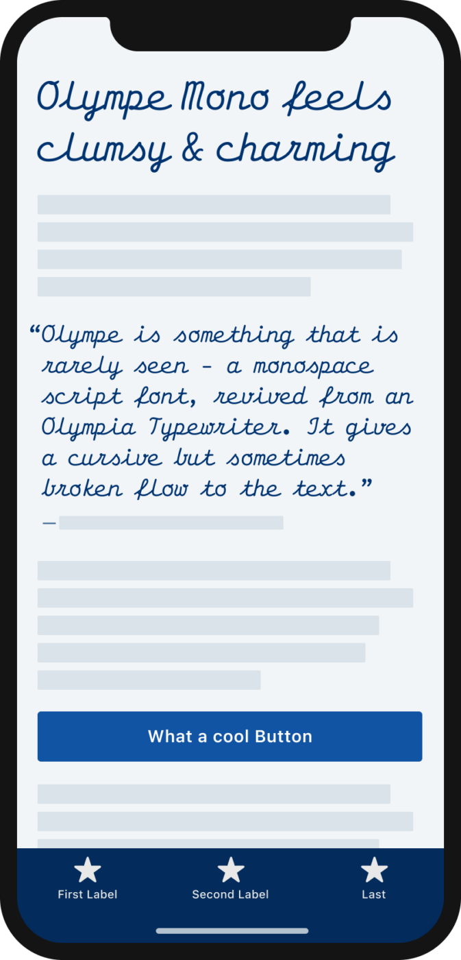 Olympe Mono feels clumsy & charming. The mono spaced script font Olympe Mono in a heading and a pull quote that says: “Olympe is something that is rarely seen – a monospace script font, revived from an Olympia Typewriter. It gives a cursive but sometimes broken flow to the text.”