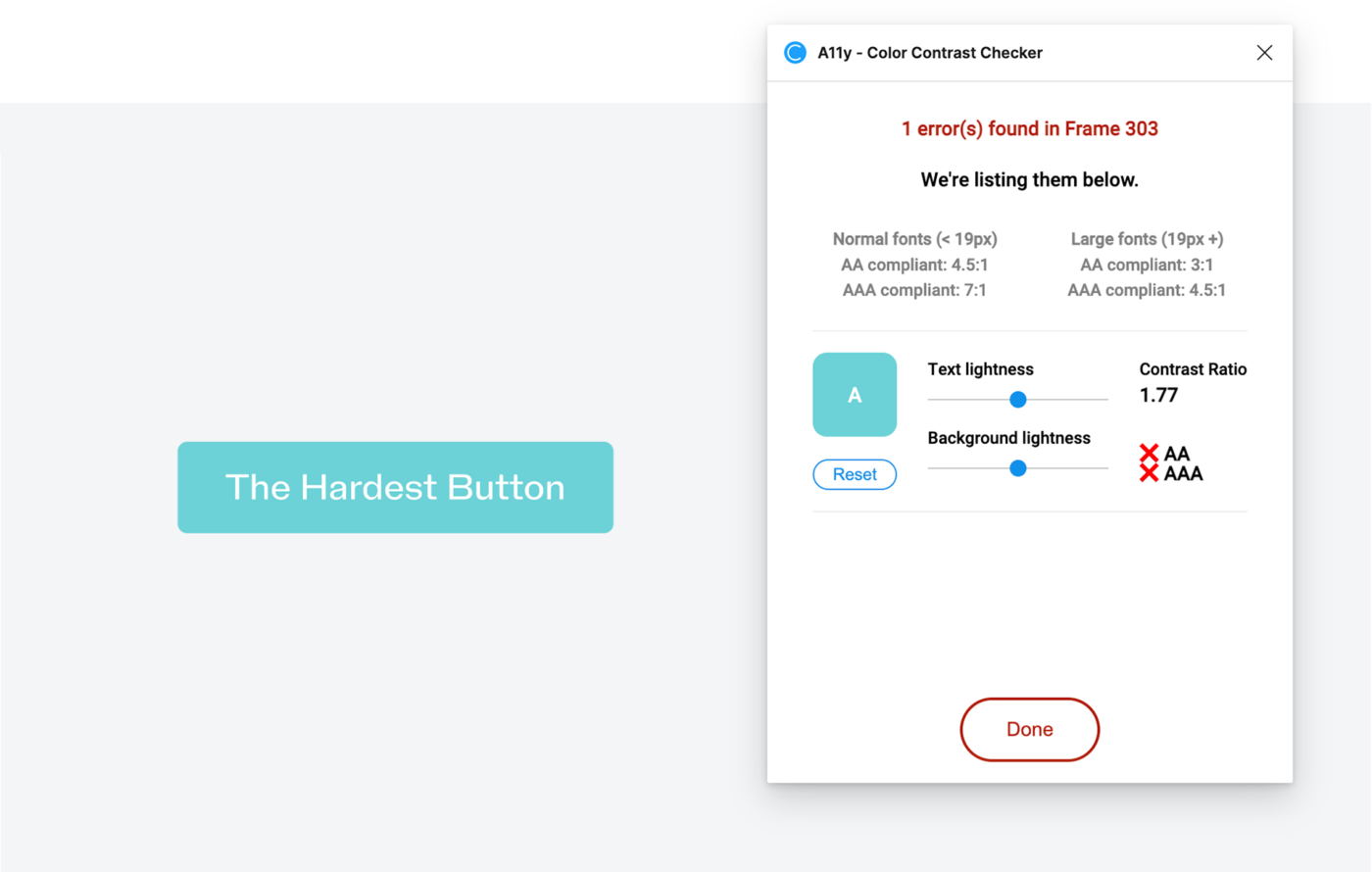 Color contrast check of a light blue button with white text on it. The a11y color contrast plugin in Figma shows this as an error.