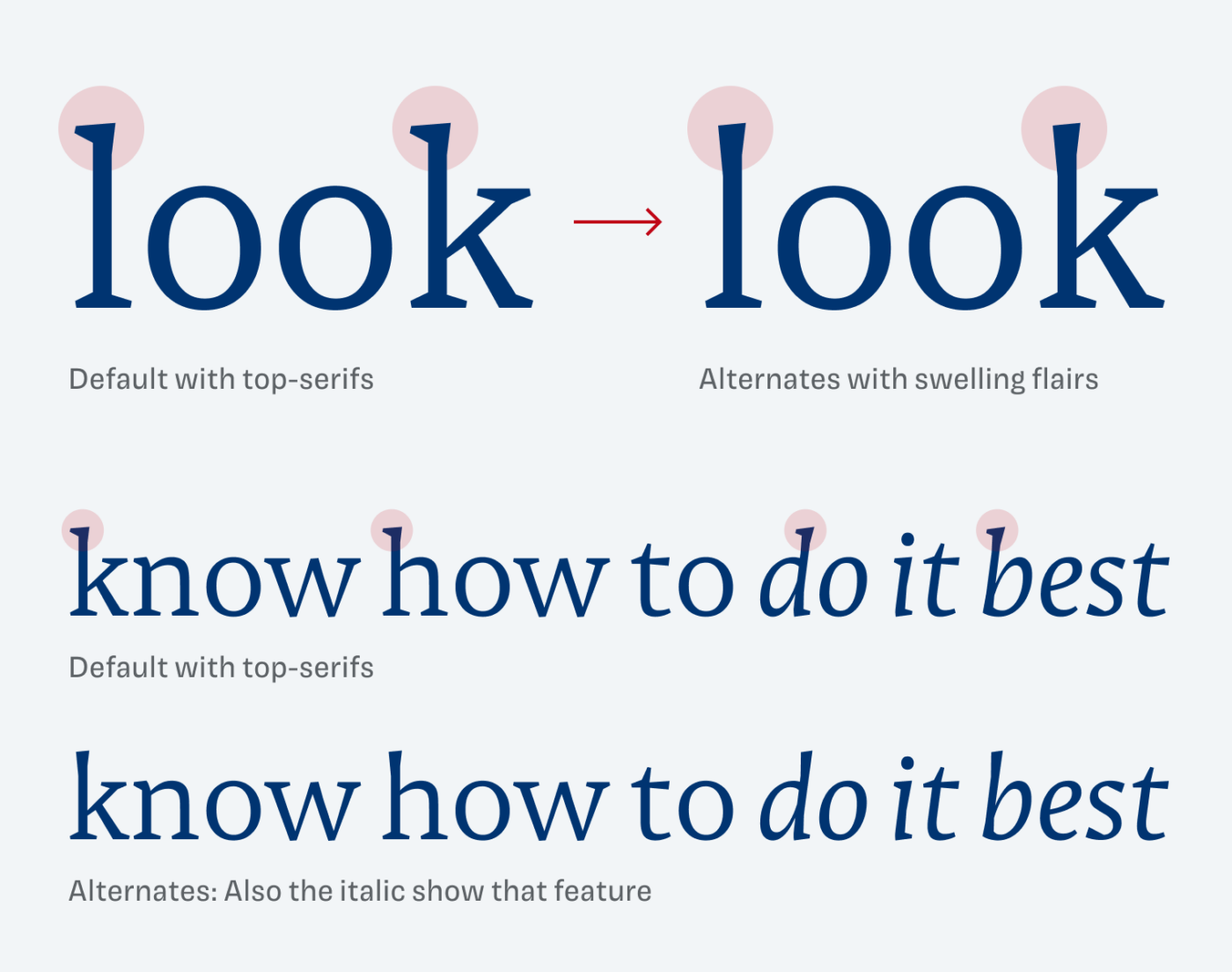 Default with top-serifs
Alternates with swelling flairs. In the alternates, also the italic show that feature
