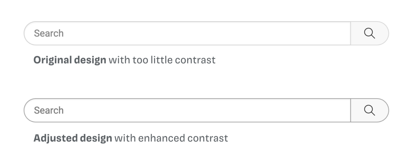 Comparing the original design with too little contrast to the adjusted design of the search input with enhanced contrast.