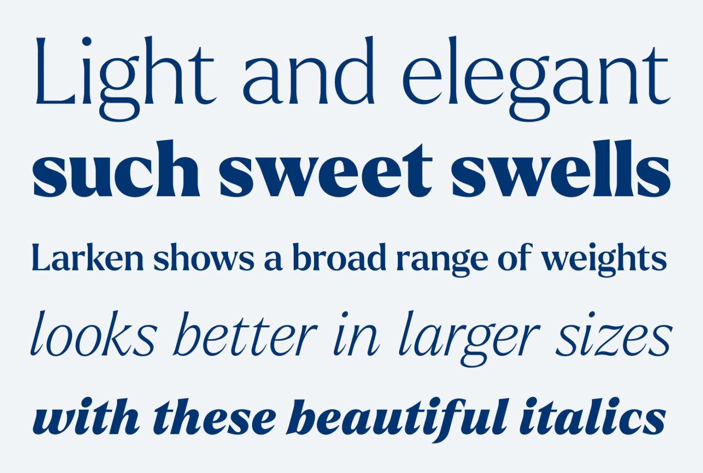 Light and elegant such sweet swells
Larken shows a broad range of weights looks better in larger sizes with these beautiful italics