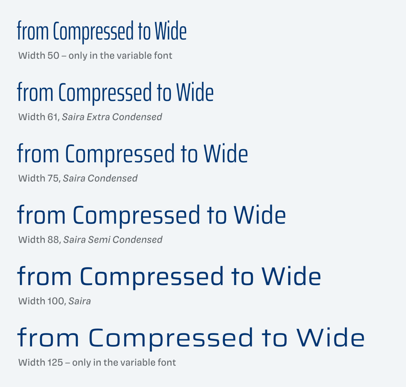 from Compressed to Wide
Width 50 - only in the variable font
Width 61, Saira Extra Condensed
Width 75, Saira Condensed
Width 88, Saira Semi Condensed
Width 100, Saira
Width 125 - only in the variable font