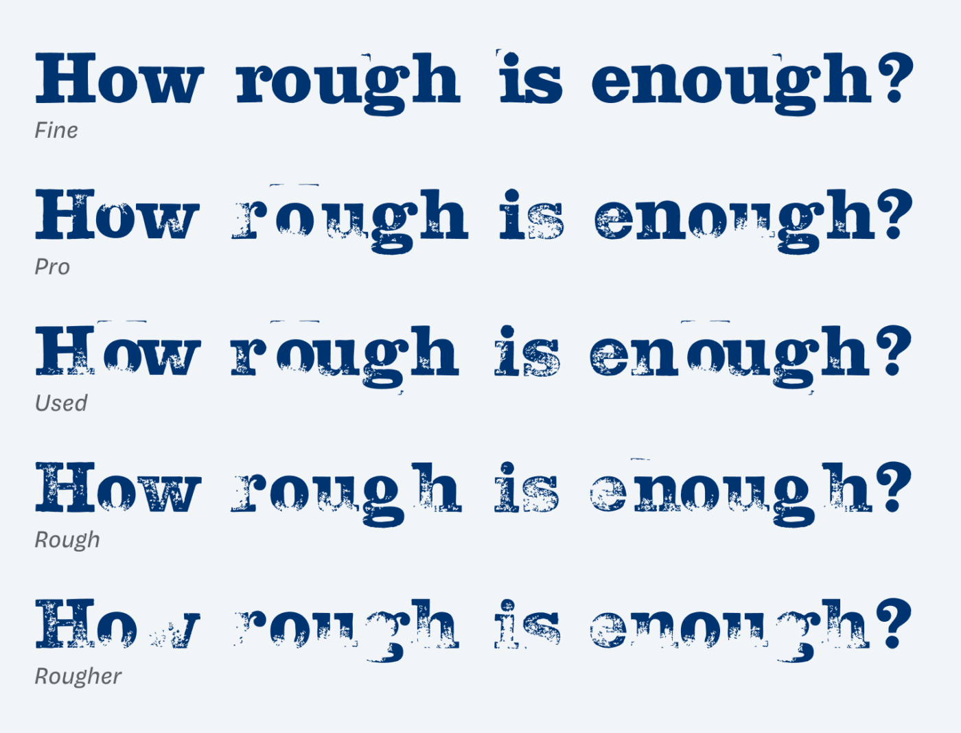 How rough is enough? Set in different styles from very visible Fine to more textured Pro, Used, Rough and Rougher which misses at times almost half of the letters.