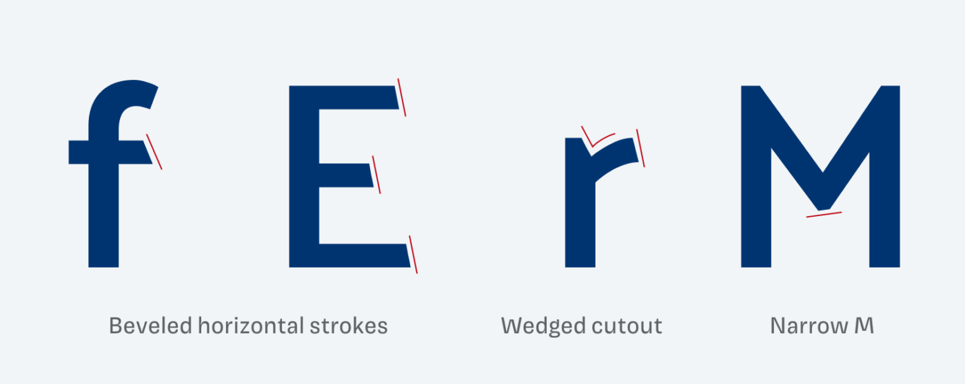 Beveled horizontal strokes at the f and E, Wedged cutout at the lower case r, Narrow upper case M