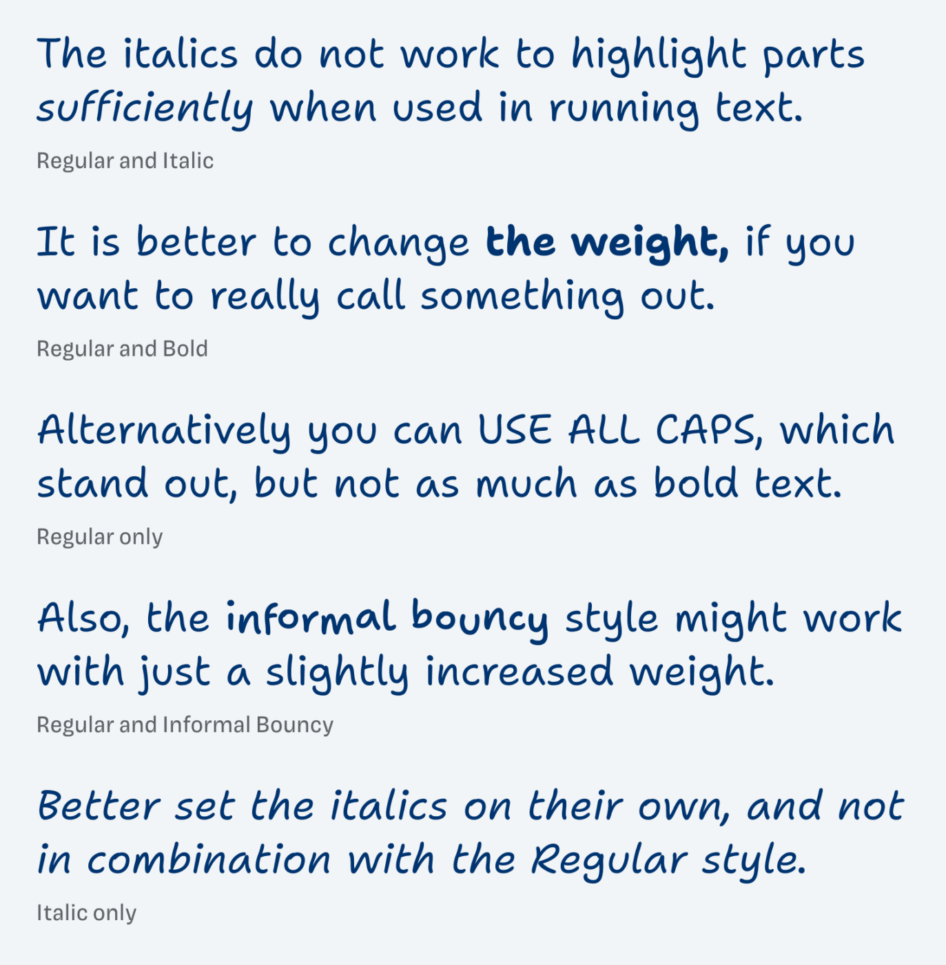 Regular and Italic: The italics do not work to highlight parts sufficiently when used in running text.
Regular and Bold: It is better to change the weight, if you want to really call something out.
Regular only: Alternatively you can USE ALL CAPS, Which stand out, but not as much as bold text.
Regular and Informal Bouncy: Also, the informal bouncy style might work with just a slightly increased weight.
Italic only: Better set the italics on their own, and not in combination with the Regular style.
