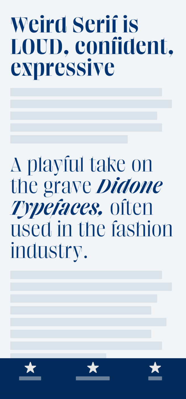 Weird Serif is loud, confident, expressive. A playful take on the grave Didone typefaces often used in the fashion industry.