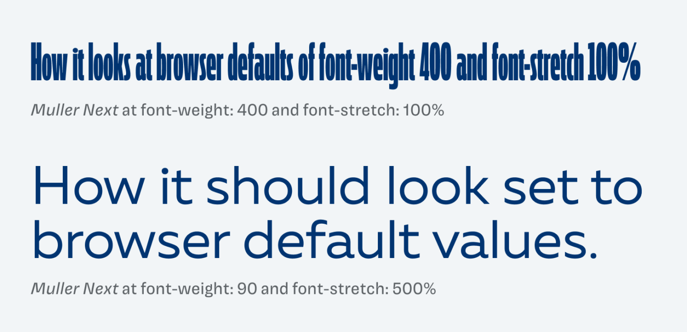 How it looks at browser defaults of font-weight 400 and font-stretch 100%
How it should look set to browser default values but it actually is at font-weight: 90 and font-stretch: 500%
