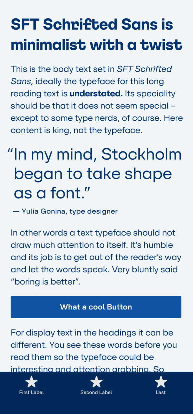 SFT Schrifted Sans is minimalist with a twist. The geometric sans-serif typeface SFT Schriftes Sans on a mobile phone, set in the heading, copy and a large pull quote by the type designer — Yulia Gonina that reads: “In my mind, Stockholm began to take shape as a font.”