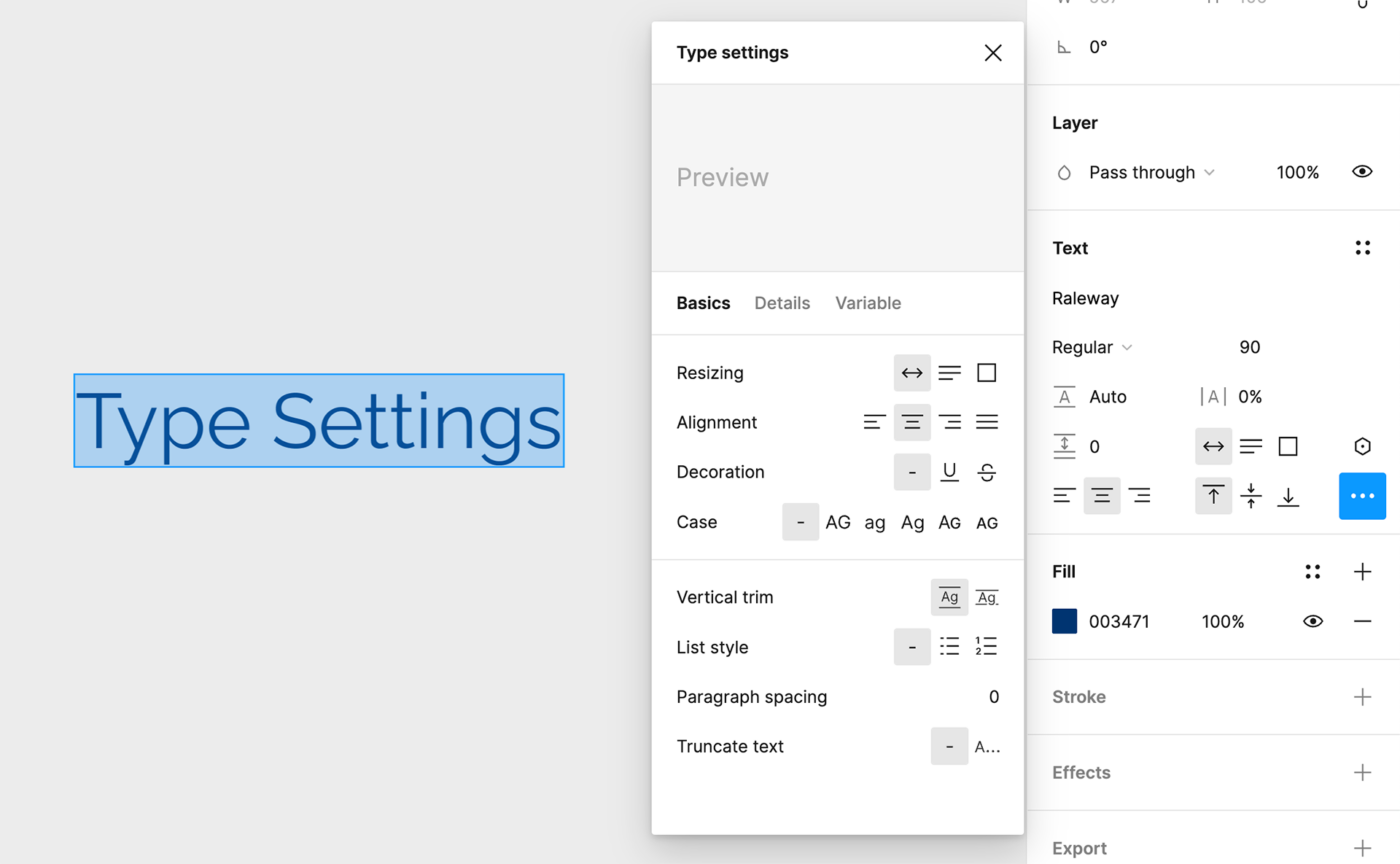 Figmas Type Settings opend in the User Interface