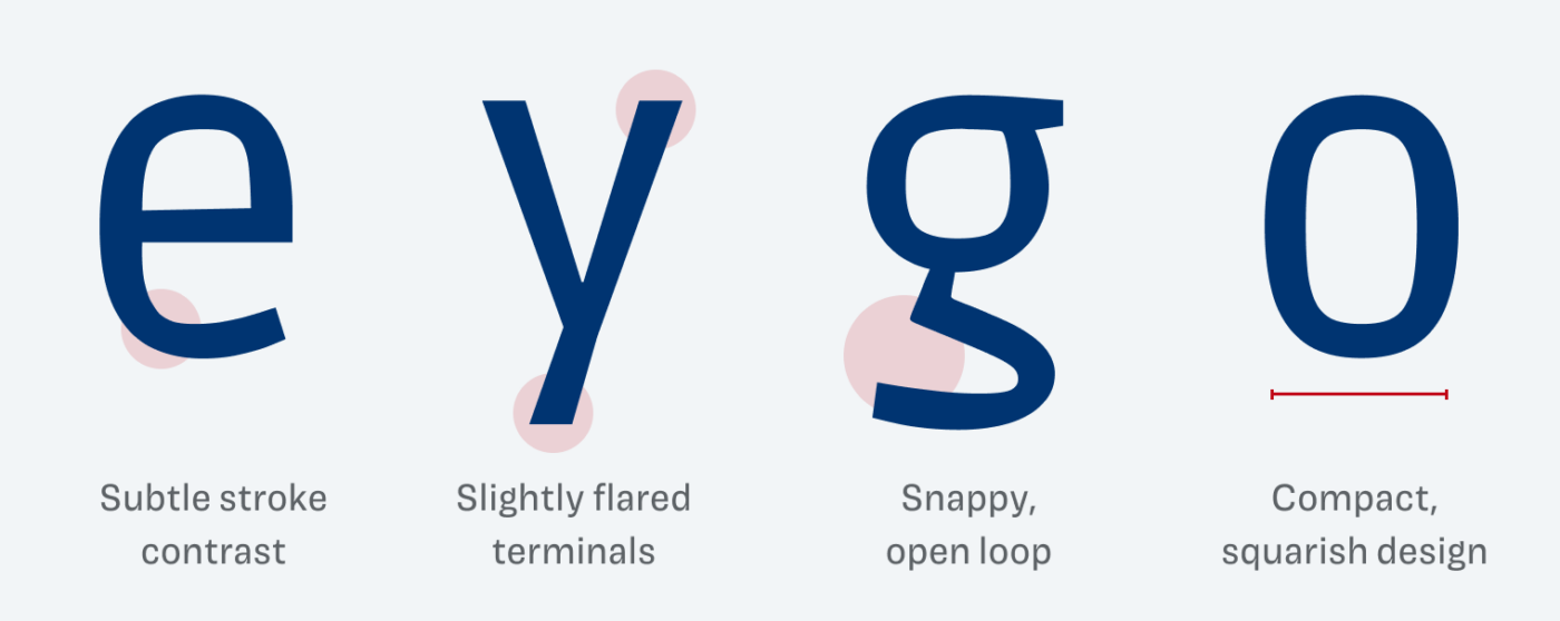 The lower case e shows Subtle stroke contrast, the y has Slightly flared terminals, the lower case g a Snappy, open loop, and the lower case o shows the compact, squarish design.