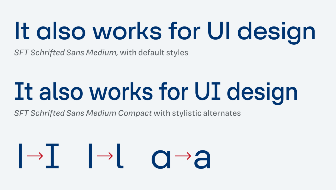 SFT Schrifted Sans Medium, with default styles
It also works for UI design
SET Schrifted Sans Medium Compact with stylistic alternates