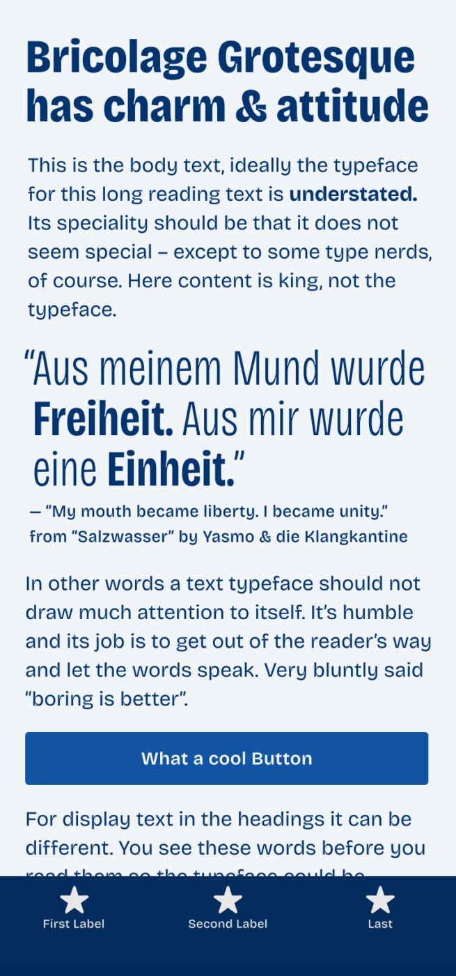 Bricolage Grotesque has charm & attitude. The Sans-serif typeface Britcolage Grotesque on a mobile phone in the heading, body text and a pull quote that says: “Aus meinem Mund wurde Freiheit. Aus mir wurde eine Einheit.” — “My mouth became liberty. I became unity.” from “Salzwasser” by Yasmo & die Klangkantine
