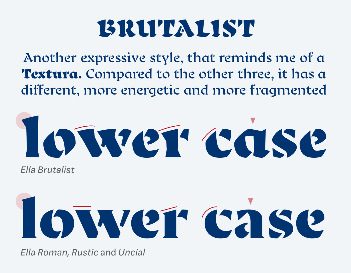 Brutalist is another expressive style, that reminds me of a Textura. Compared to the other three, it has a different, more energetic and more fragmented lower case.