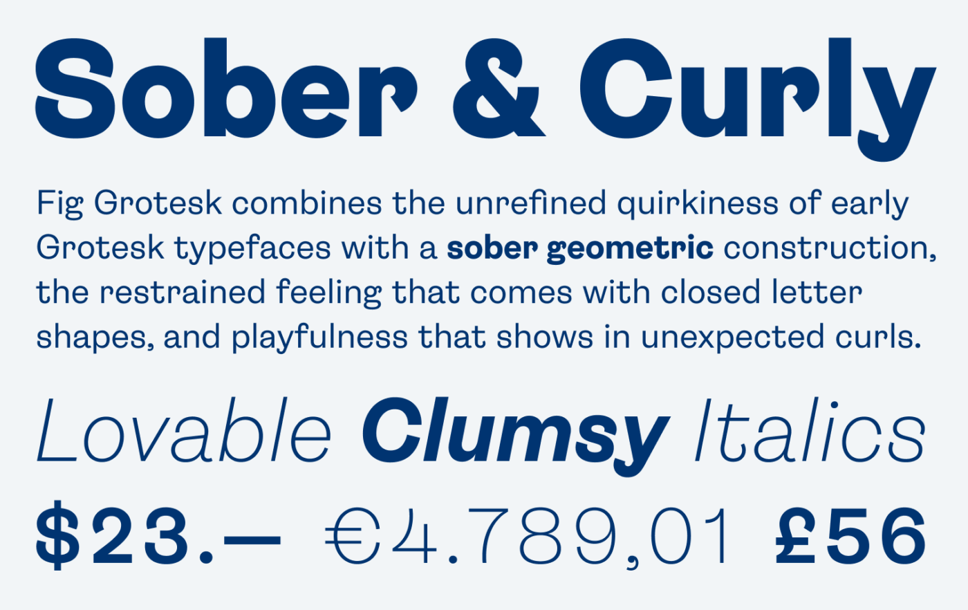 Sober & Curly
Fig Grotesk combines the unrefined quirkiness of early Grotesk typefaces with a sober geometric construction, the restrained feeling that comes with closed letter shapes, and playfulness that shows in unexpected curls.
Lovable Clumsy Italics
$23.- €4.789,01 £56