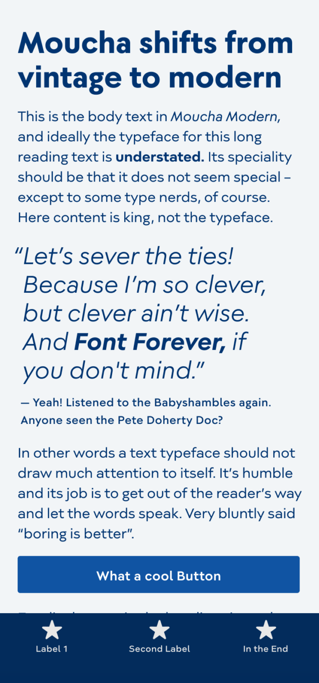 Moucha shifts from vintage to modern. The geometric sans-serif typeface set on a mobile phone in the headline, body text, functional text in the tab bar and a big, italic quote in the middle. It is taken from a Babyshamble song and reads: ““Let’s sever the ties! Because I’m so clever, but clever ain’t wise.  And Font Forever, if  you don't mind.” Anyone seen the Pete Doherty Doc?