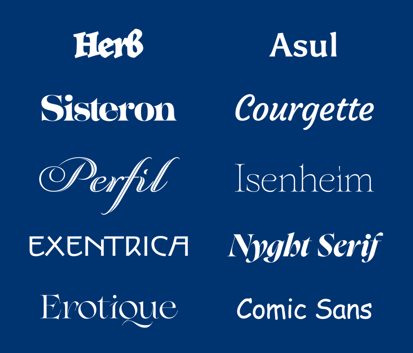Herb, Asul, Sisteron, Courgette, Perfil, Isenheim, Exentrica, Nyght Serif, Erotique and … Comic Sans