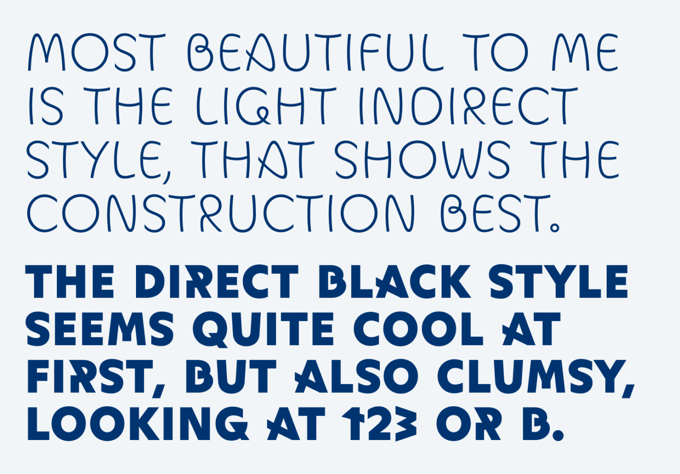 Most beautiful to me is the light indirect Style, that shows the construction best. The Direct Black style seems quite cool at first, but also clumsy, looking at 123 or B.