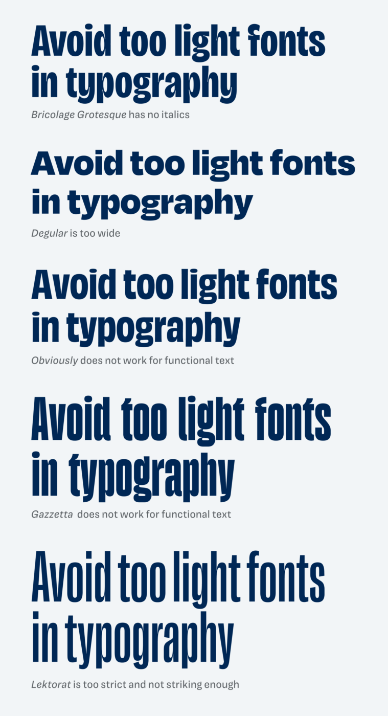 Bricolage Grotesque has no italics, Degular is too wide, Obviously does not work for functional text, Gazzetta  does not work for functional text, Lektorat is too strict and not striking enough.