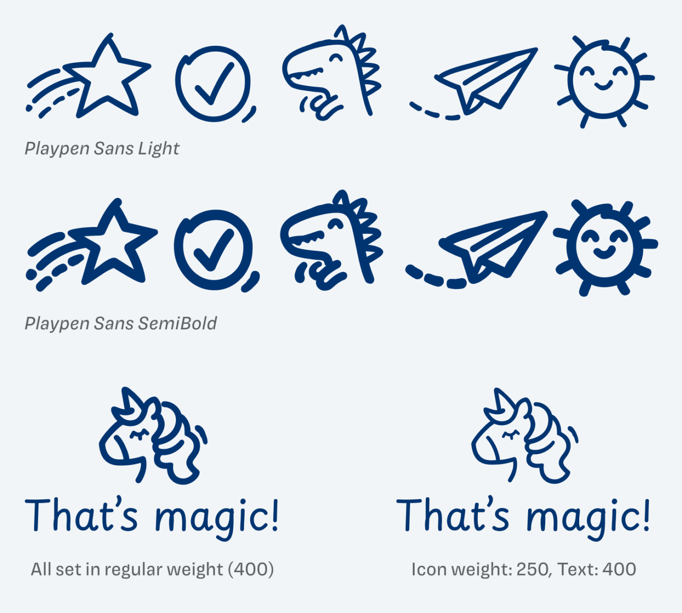 Icon of stars, checkmarks, dinosaurs, a paper plane and smiling sun all in Playpen Sans Light and SemiBold