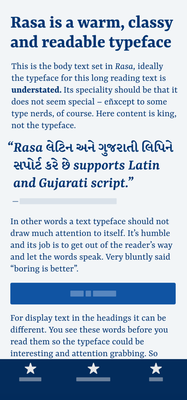 Rasa is a warm, classy and readable typeface. The serif typeface is set in the heading and body text of this sample. A big pullquote reads: ““Rasa લેટિન અને ગુજરાતી લિપિને સપોર્ટ કરે છે supports Latin and Gujarati script.”