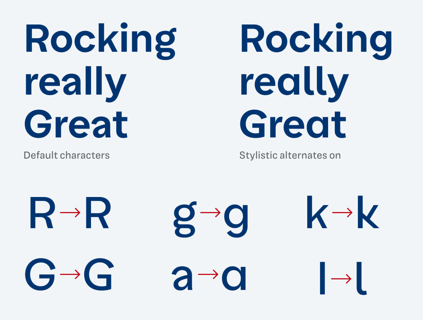 Rocking really great. Showing stylistic alternates of upper-case “R”, “G” and lower case “g”, “a”, “l”, and “k”.