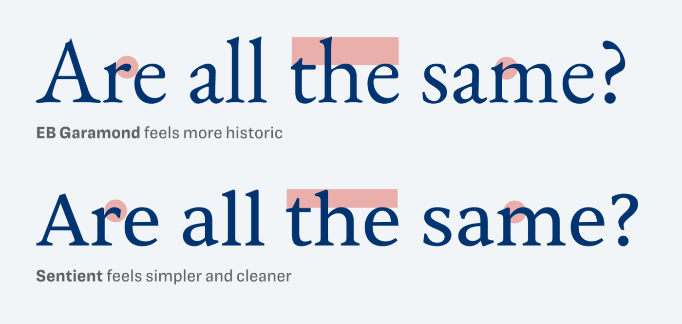 EB Garamond feels more historic, Sentient feels simpler and cleaner.