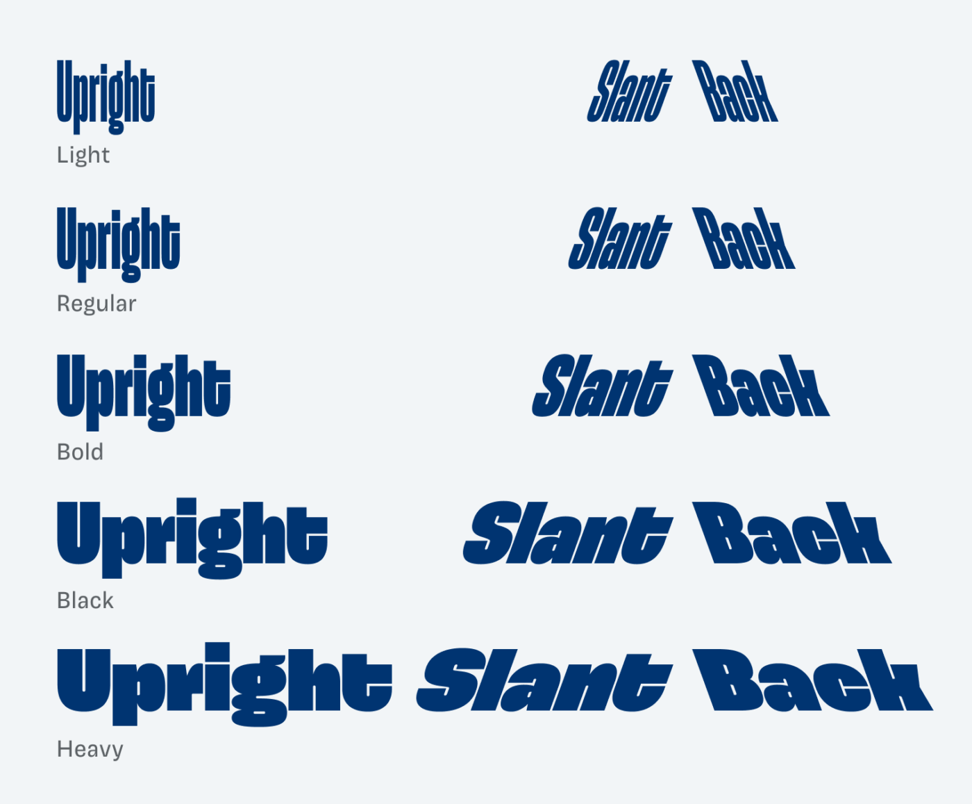 Showing all styles of Spektra from Light to Black in Upright, Slanted and Backlanted