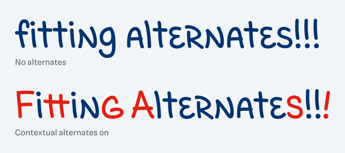 Comparing the text “Fitting Alternates!!!” with contextual alternates turned off and on.